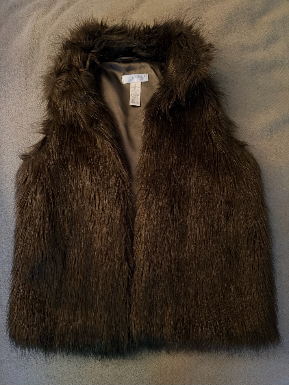 Kenar Brown Faux Fur Vest small hook closure sleeveless lined w/ inside pocket